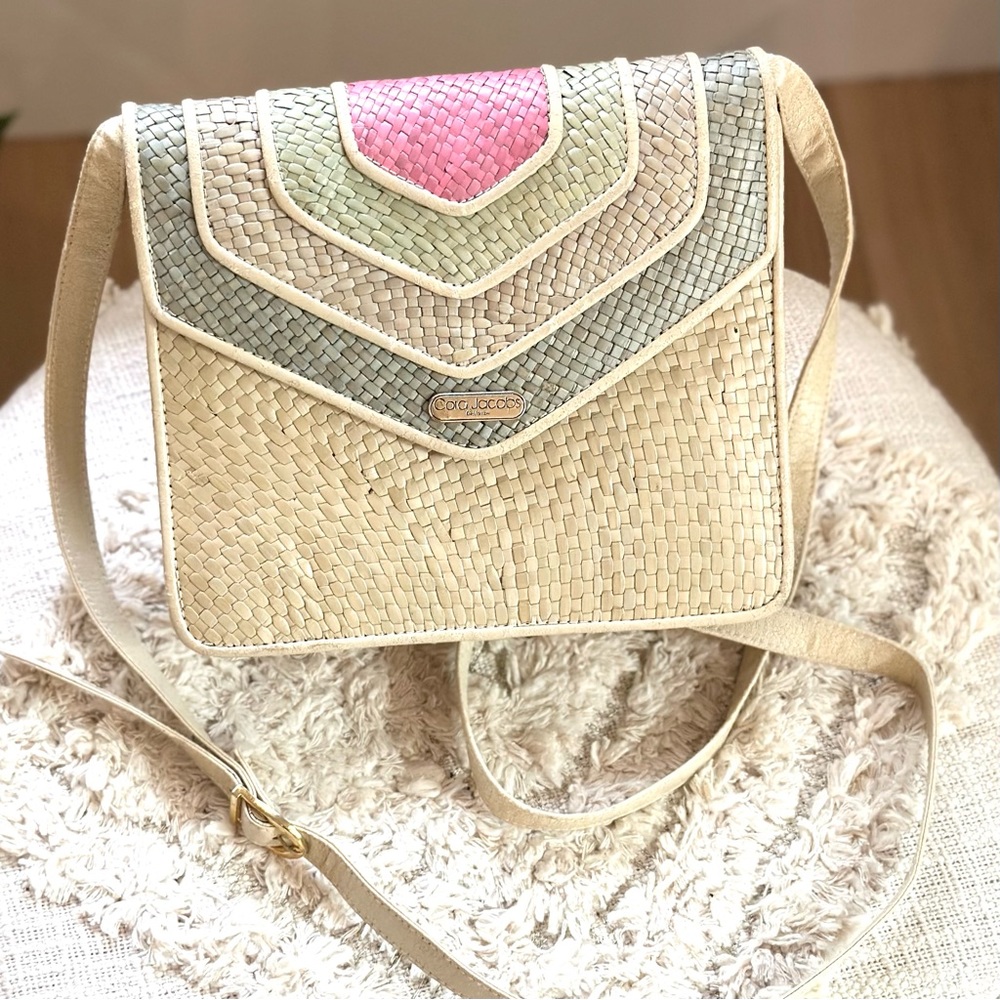 Vintage Cora Jacobs Woven Straw Purse Natural Pink Green Adjustable Strap